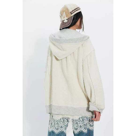 Free People Malibu Cardi Heather Grey Ivory Hooded Sweater Med NWT Boho Pockets - Picture 3 of 4